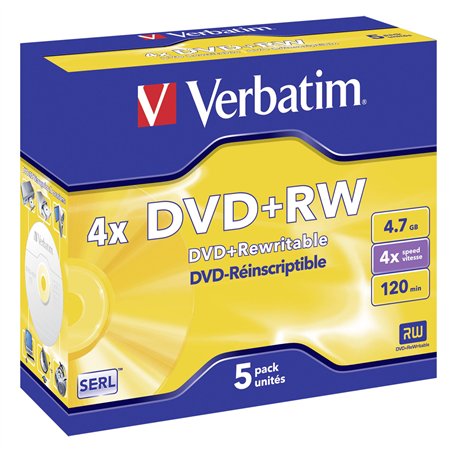 1x5 Verbatim DVD+RW 4,7GB 4x Speed, opaco argen.Jewel Case