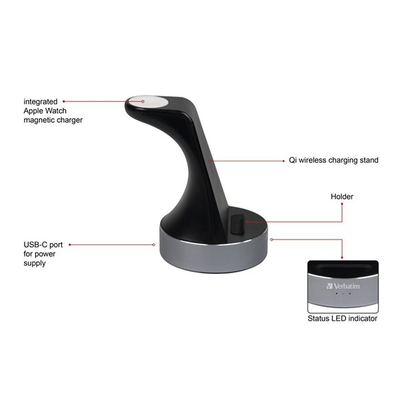 Verbatim WCS-02 alluminio 2-in-1 Qi Wireless+Apple Watch Charger