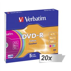 20x5 Verbatim DVD-R 4,7GB Colour 16x Speed, Slim custodia