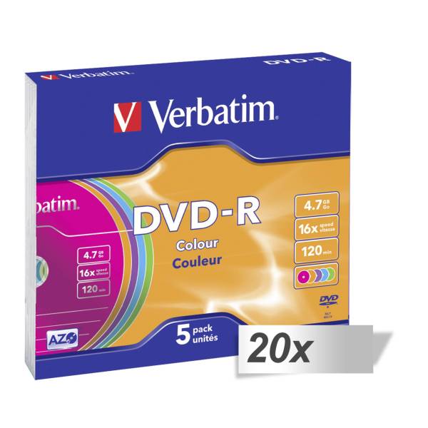 20x5 Verbatim DVD-R 4,7GB Colour 16x Speed, Slim custodia