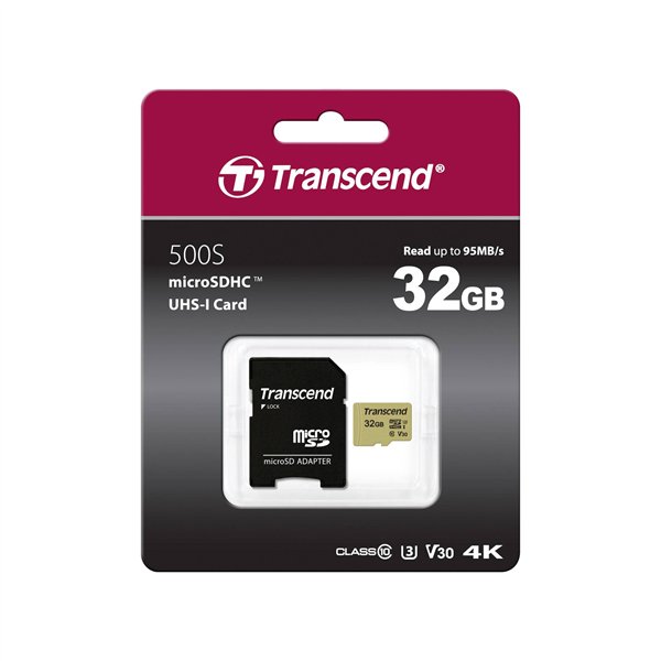 Transcend microSDHC 500S    32GB Class 10 UHS-I U3 V30 + adatt.