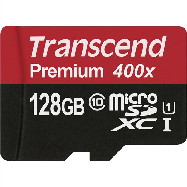 Transcend microSDXC 128GB Class 10 UHS-I 400x + SD adatt.
