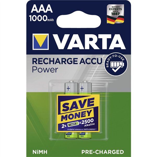 1x2 Varta Rechargeable Accu AAA Ready2Use NiMH 1000 mAh Micro