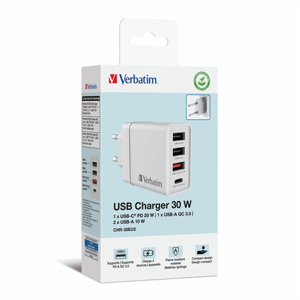 Verbatim USB caricabatt.par. 30W 1xUSB-C PD 3xUSB-A bianco 49701