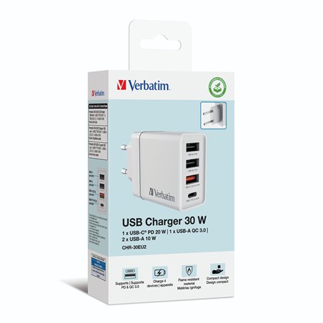Verbatim USB caricabatt.par. 30W 1xUSB-C PD 3xUSB-A bianco 49701