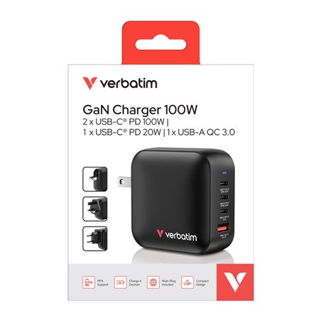 Verbatim Mini GaN caricab. 100W 3xUSB-C PD, 1xUSB-A QC 3.0 32231
