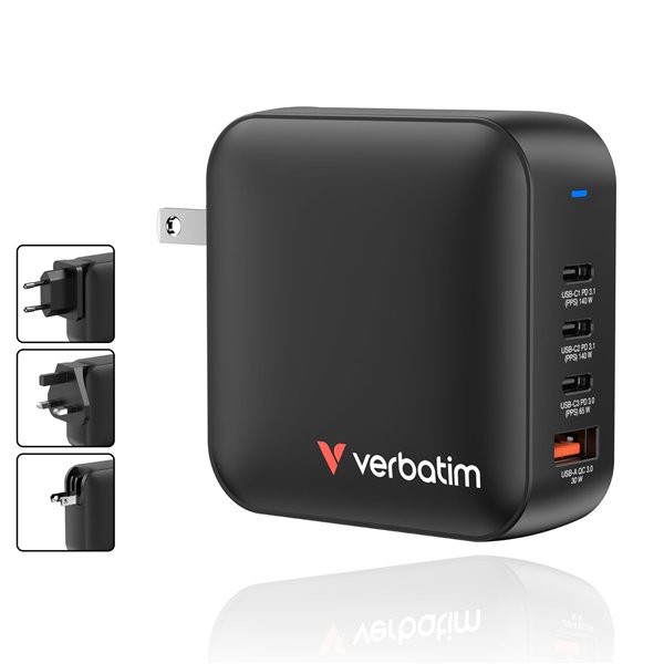 Verbatim Mini GaN caricab. 165W 3xUSB-C 1xUSB-A US/EU/UK A.32216