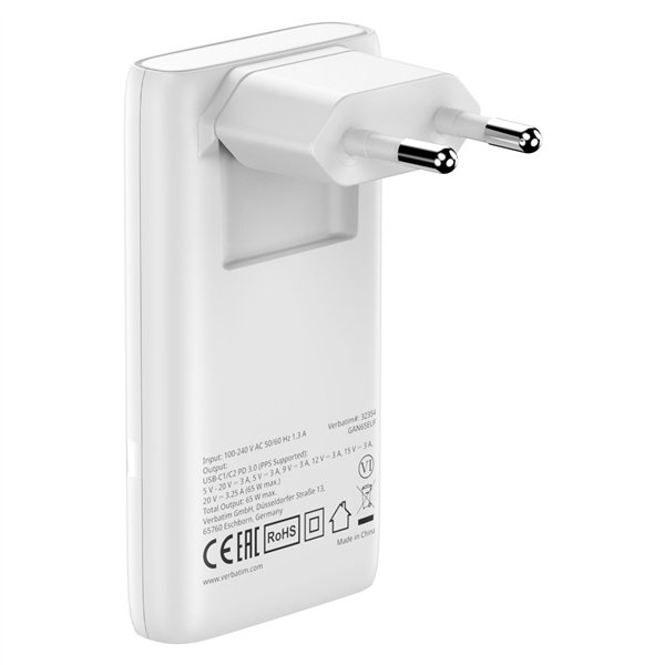 Verbatim Fold n Go GaN Charger 65W 2xUSB C weiß klappb.St.32355