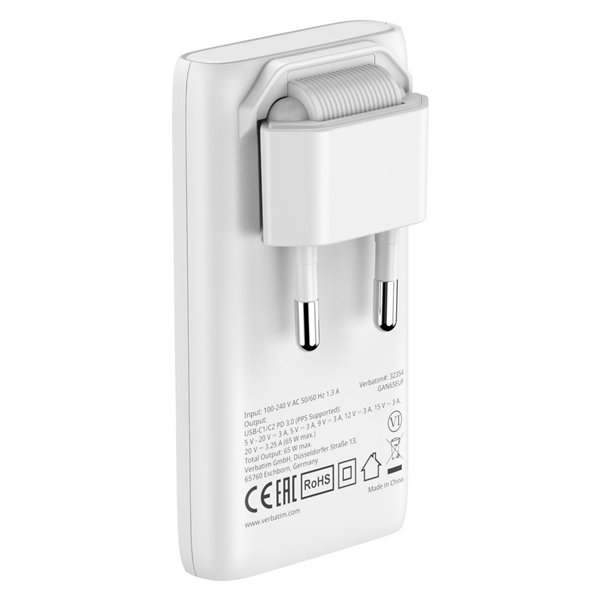 Verbatim Fold n Go GaN Charger 65W 2xUSB C weiß klappb.St.32355
