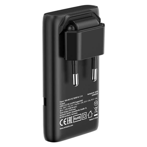 Verbatim Fold n Go GaN Charger 65W 2xUSB C schw.klappb.St.32354