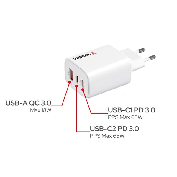 Verbatim Essentials GaN Charger 65W 2xUSB-C/1xUSB-A weiß   32353