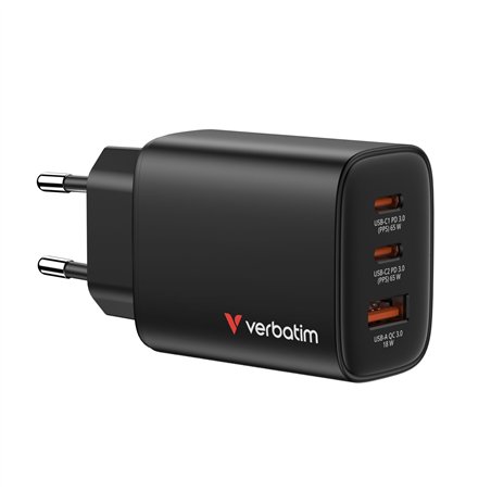 Verbatim Essentials GaN Charger 65W 2xUSB-C/1xUSB-A schwa. 32352
