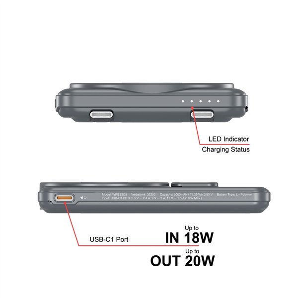 Verbatim Charge´n´Go 2C  5000mAh magn. PB grig.incl.2 cavo 32251