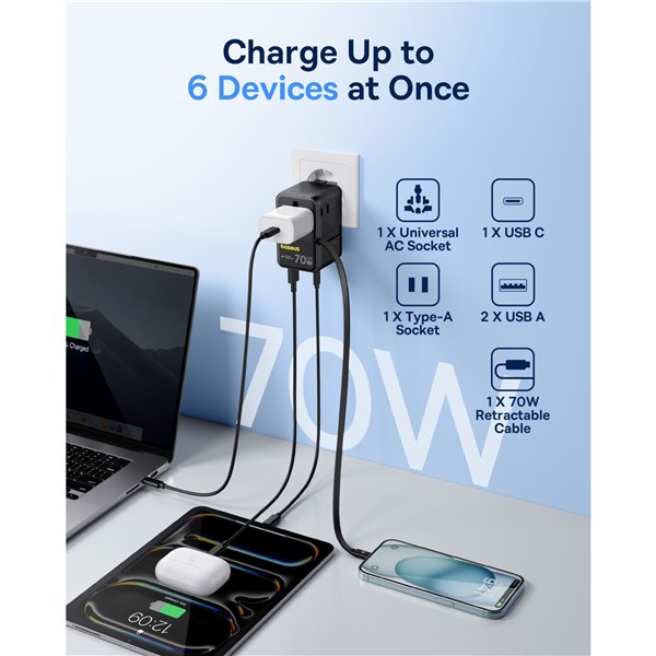Baseus EnerCore CG11 Charger Retractable 2AC+2U + 70W Black