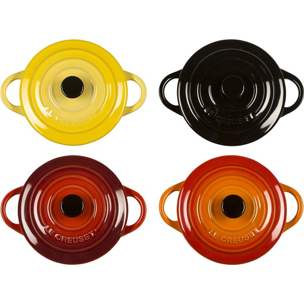 4x1 Le Creuset set mini cocotte c. coper. 10x5cm, fuoco e fiamme