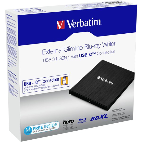 Verbatim Slimline Blu-ray Writer USB 3.1 GEN 1 USB-C       43889