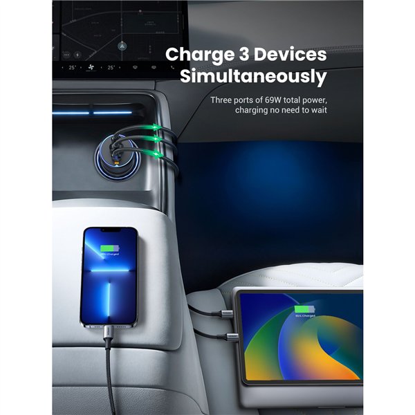 UGREEN 75W caricatore rapido auto 3 porte, grigio