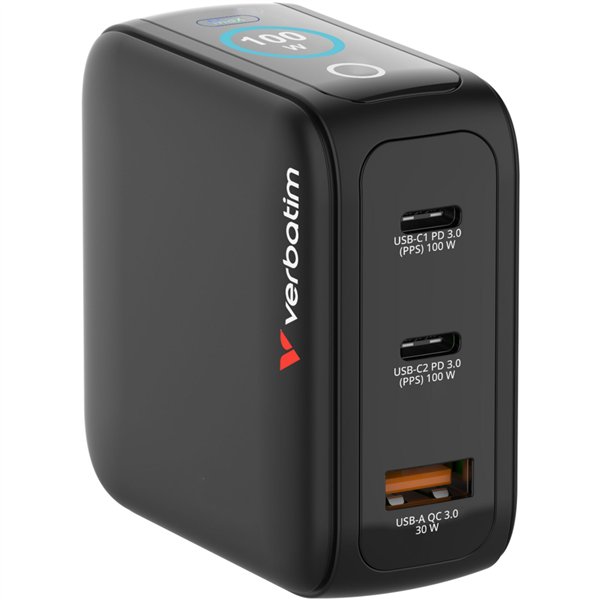 Verbatim Mini GaN Charger 100W mit Display 2xUSB-C +1xA   30239