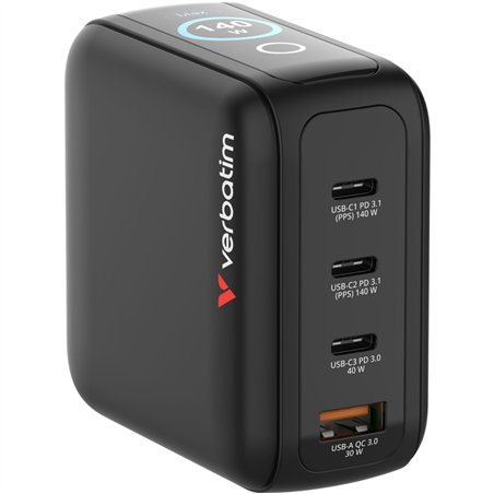 Verbatim Mini GaN Charger 140W mit Display 3xUSB-C +1xA   30240