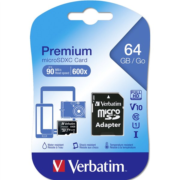 Verbatim microSDXC          64GB Class 10 UHS-I incl adatt. 44084