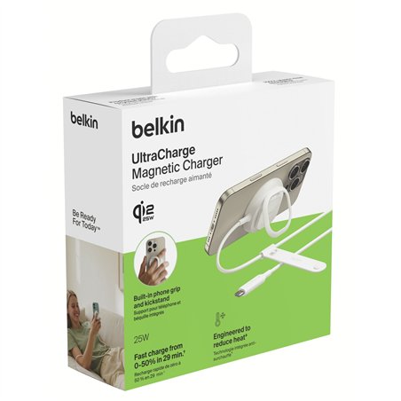 Belkin UltraCharge Ladepad Qi2 25W mit Standfuß weiß WIA013hqWH