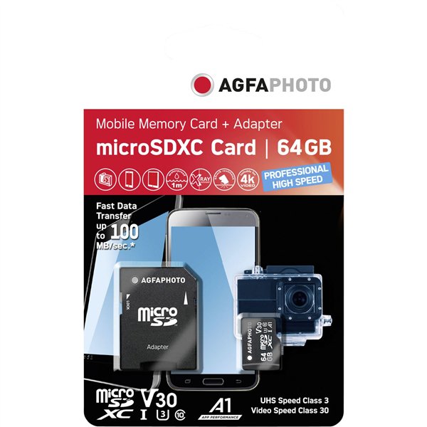 AgfaPhoto MicroSDXC UHS-I   64GB High Speed C 10 U3 V30 + adatt.