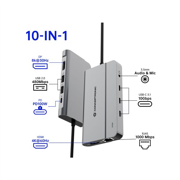 Conceptronic DONN34G 10-in-1 Dockingstation 4K 60Hz 8K 30Hz