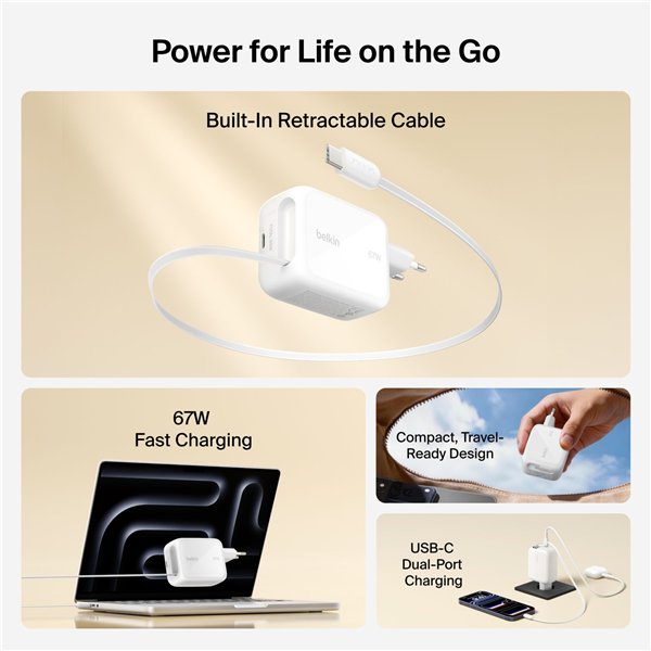 Belkin BOOST Charge Pro 67W Dual GaN einziehb.Kabel ws WCH022kqWH