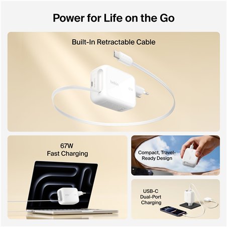 Belkin BOOST Charge Pro 67W Dual GaN einziehb.Kabel ws WCH022kqWH