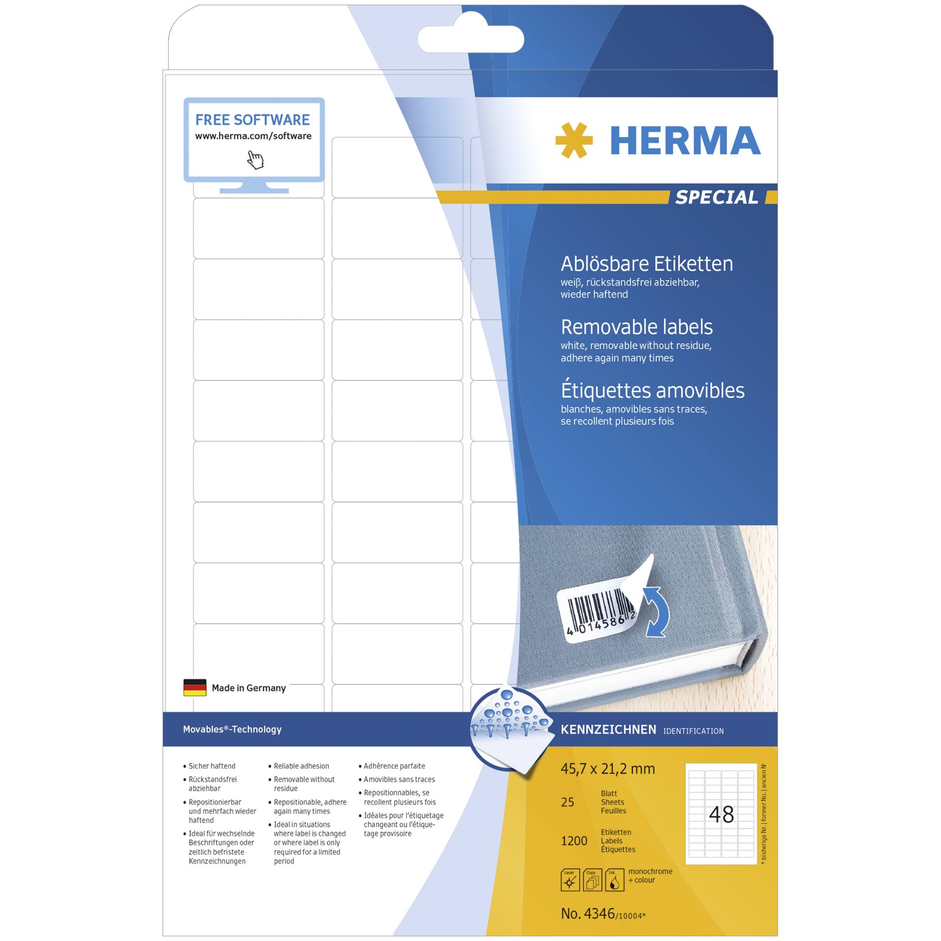 Herma Movables Etichet.45,7x21,2 25 fogli DIN A4 1200 pezzi