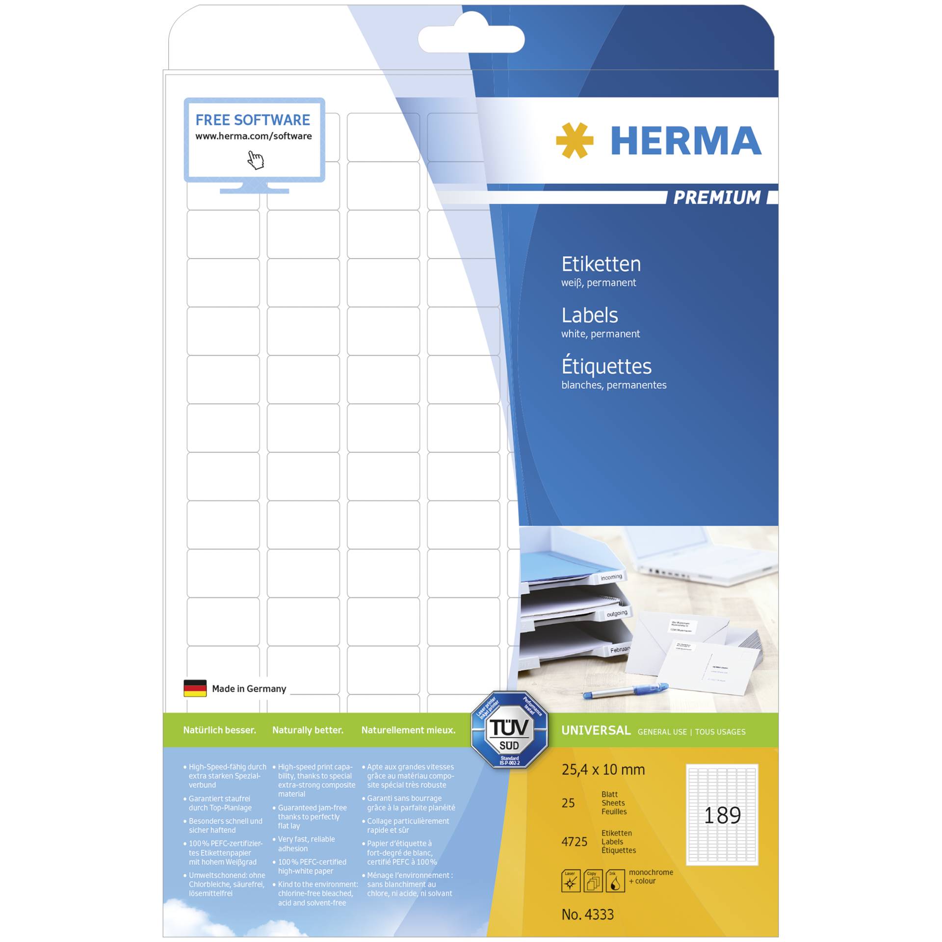 Herma Prem. etichette 25,4x10 25 fogli DIN A4 4725 pezzi 433