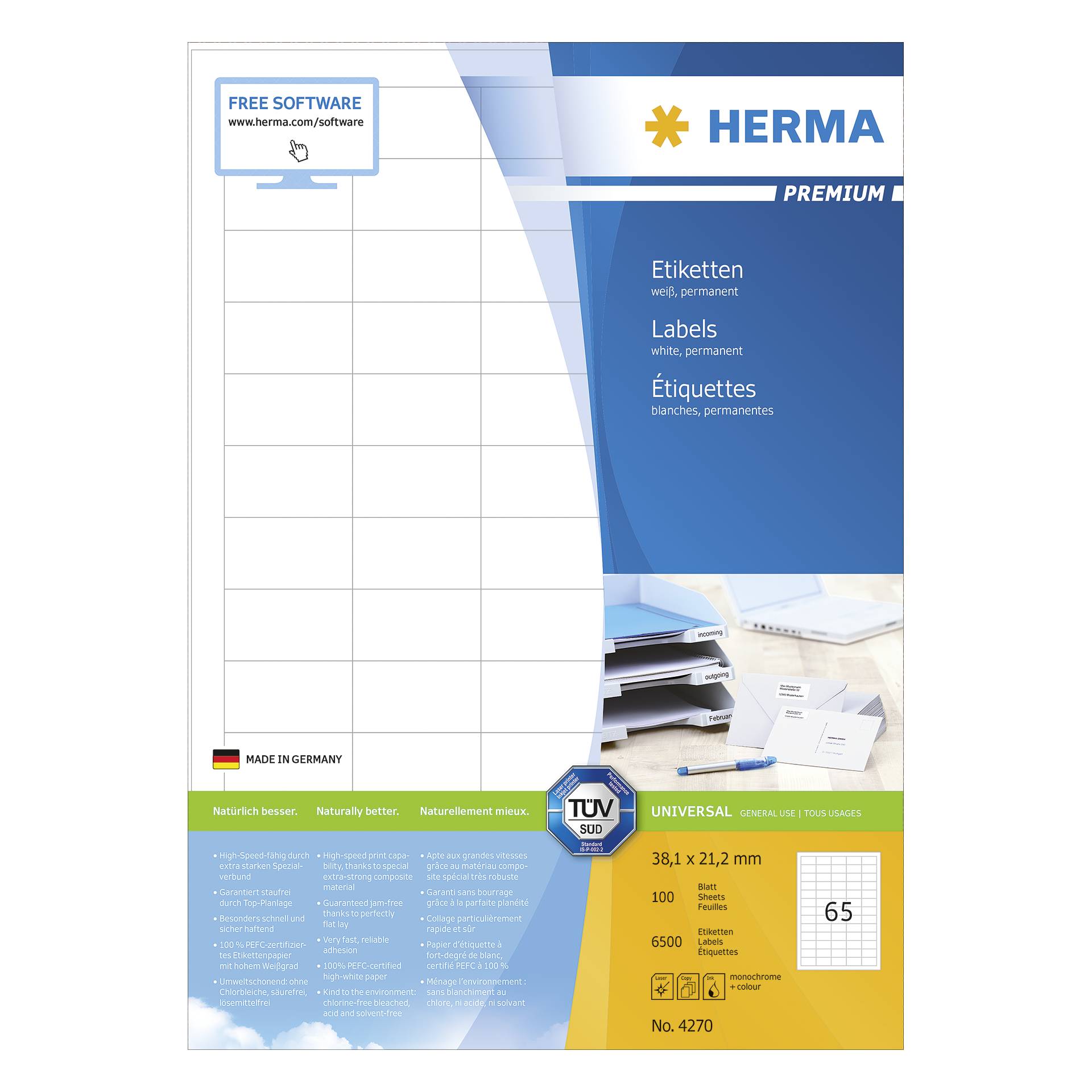 Herma Prem. etichette 38,1x21,2 100 fogli DIN A4 6500 pezzi
