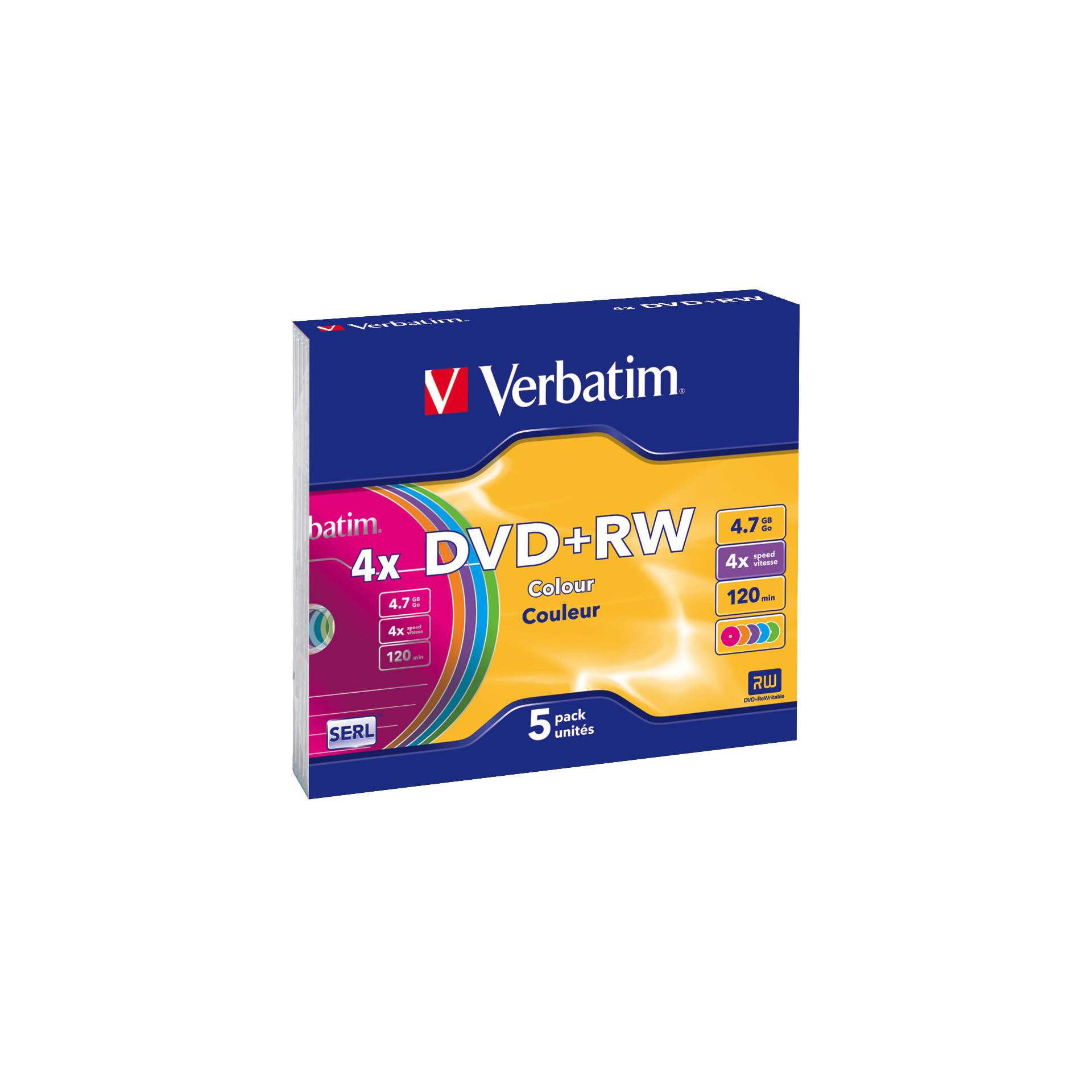 1x5 Verbatim DVD+RW 4,7GB 4x Speed Colour Surface Slimcase