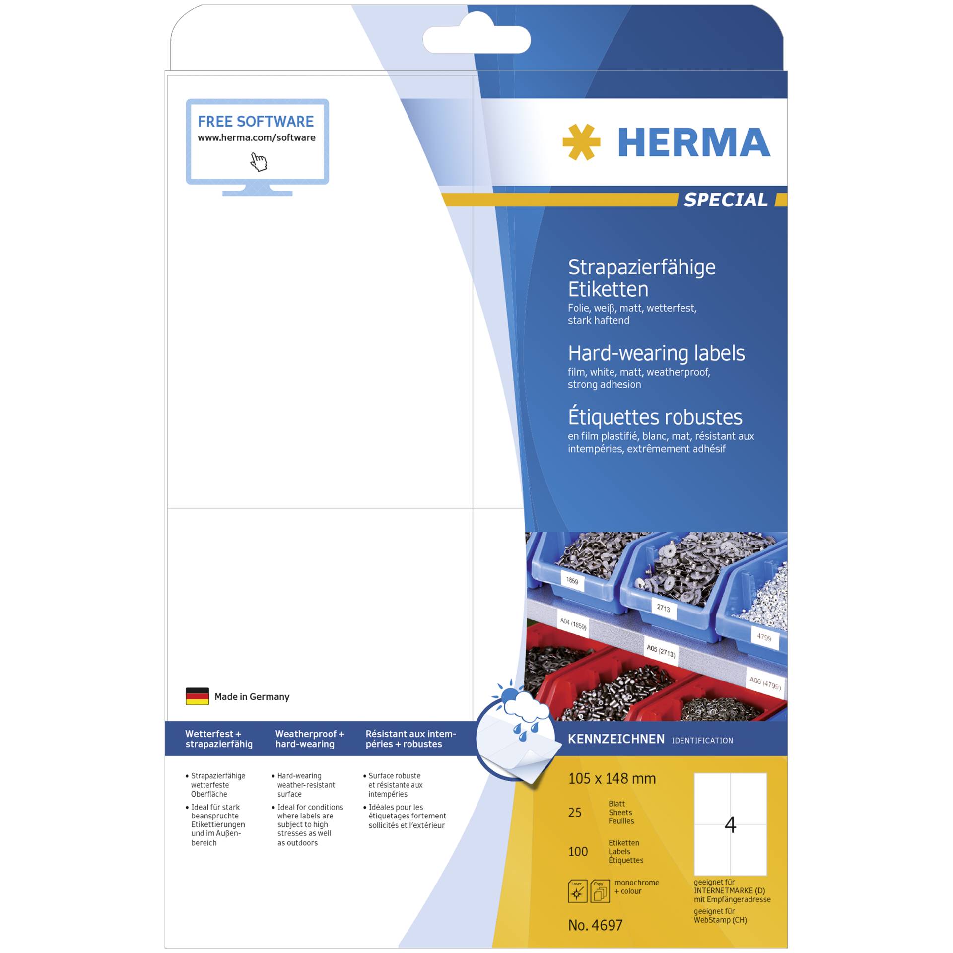 Herma etichette resist.  105x148 25 fogli A4 100 pezzi 4697