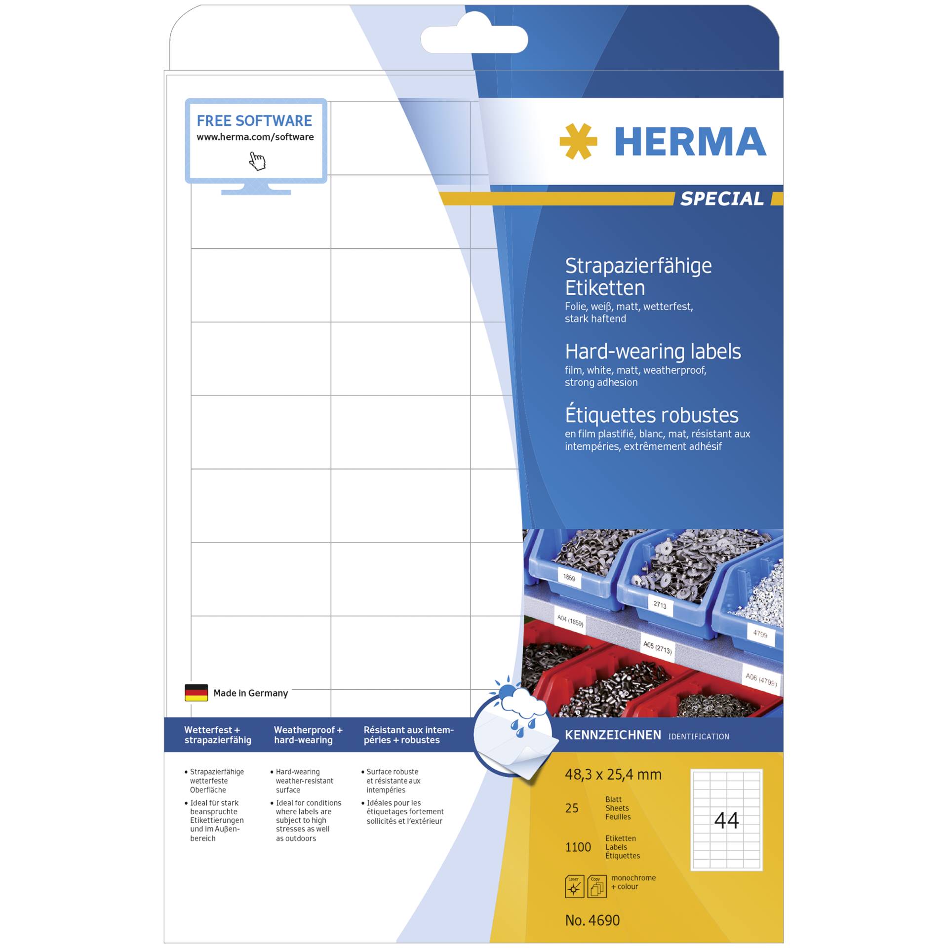 Herma etichette resist.48,3x25,4 25 fogli A4 1100 pezzi 4690