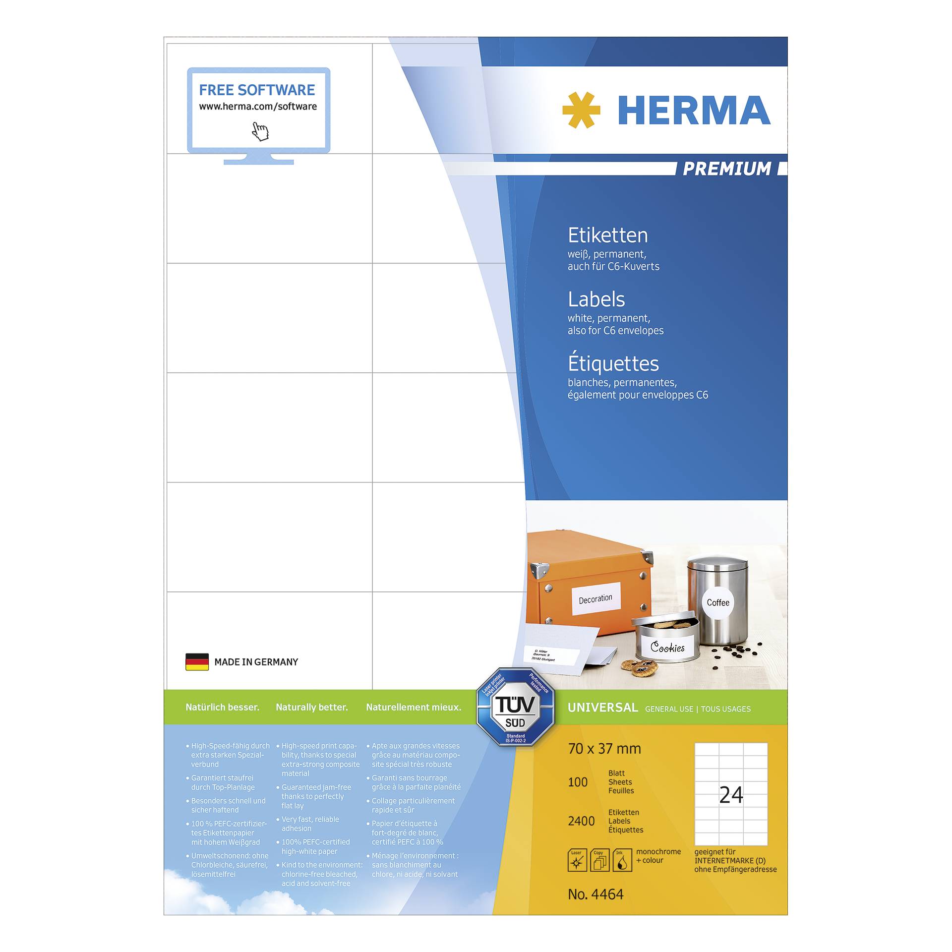 Herma Prem. etichette bian.70x37 100 fogli DIN A4 2400 pezzi