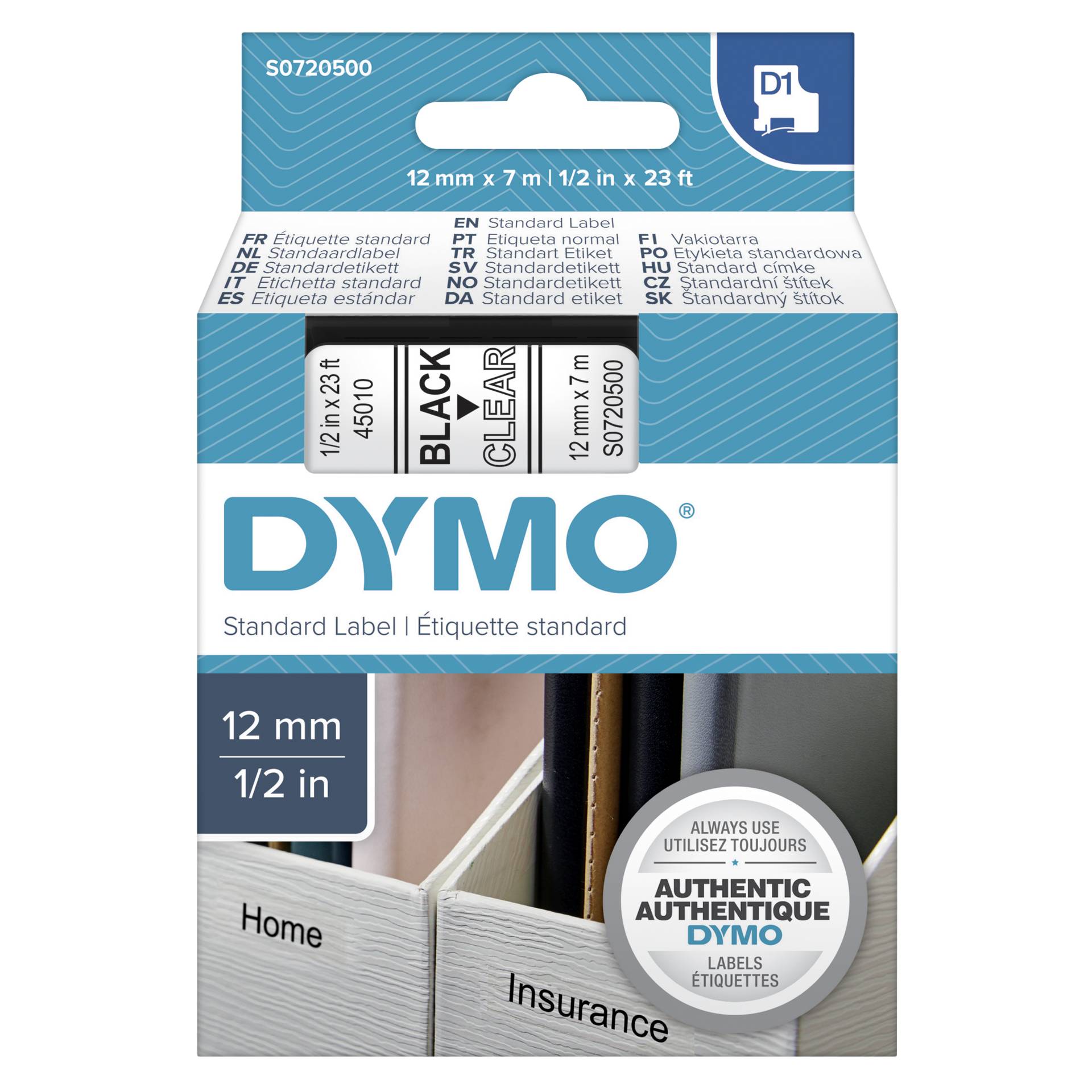 Dymo D1 nastro      12 mm x 7 m nero    su  trasparente    4