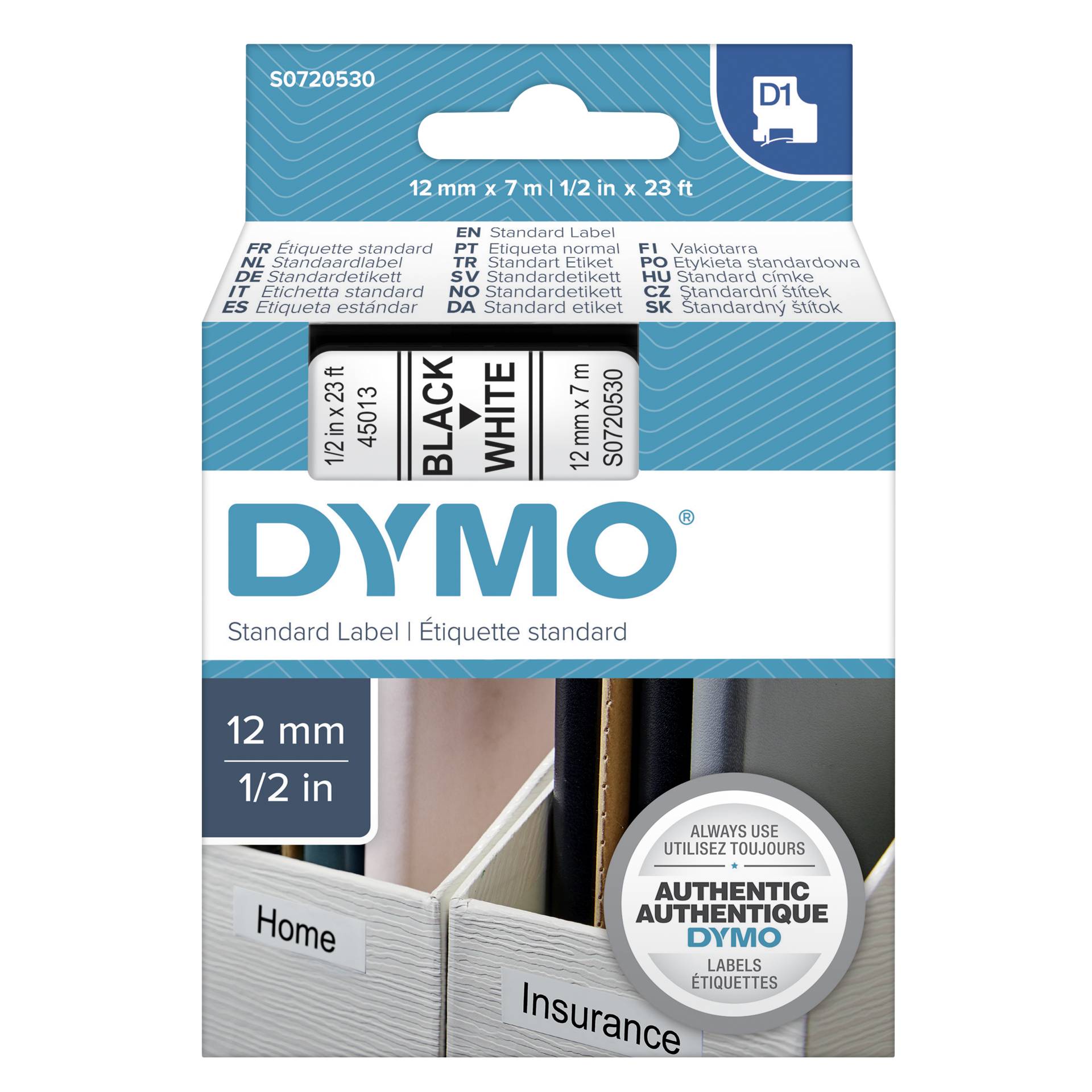 Dymo D1 nastro      12 mm x 7 m nero    su  bianco         4