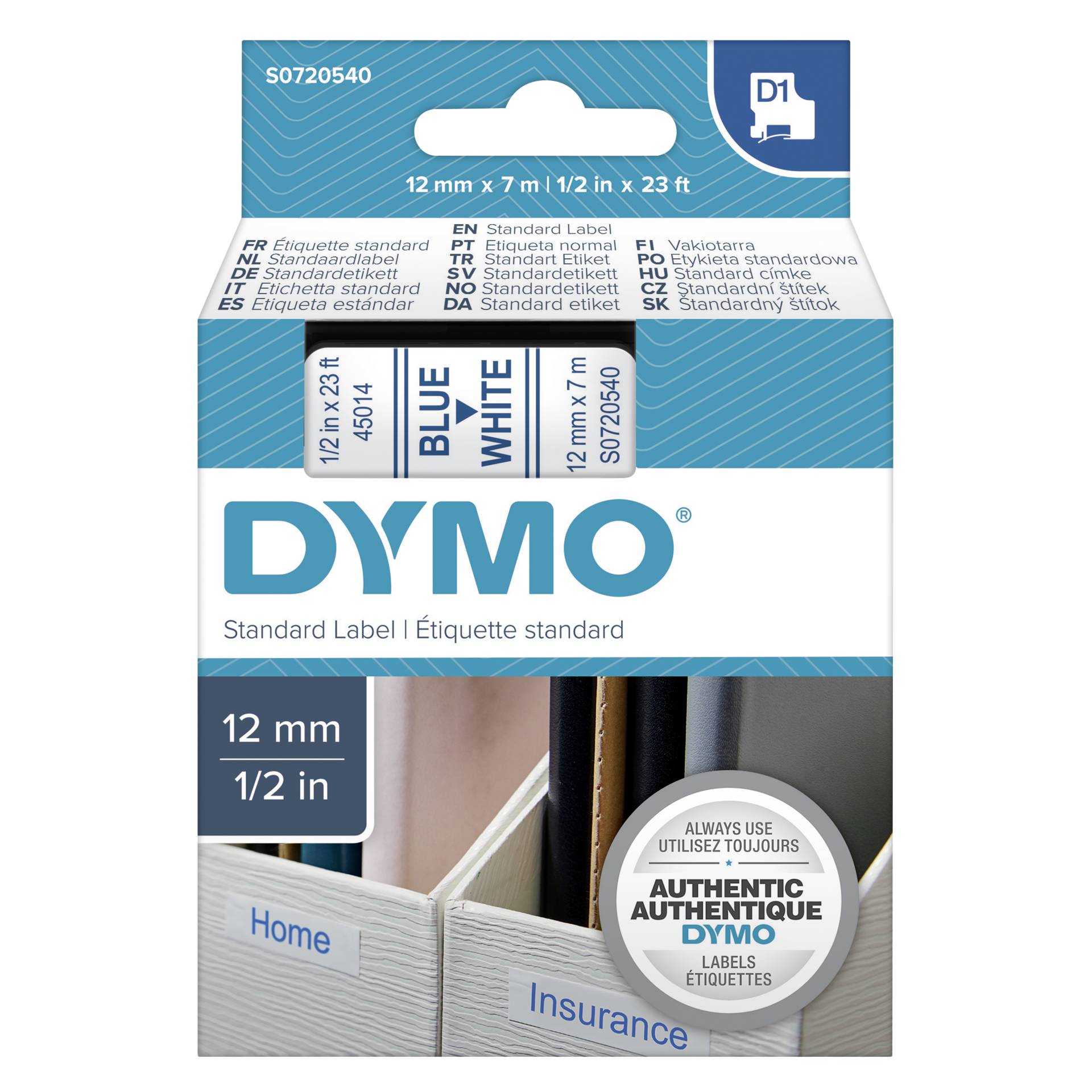 Dymo D1 nastro      12 mm x 7 m azzuro su  bianco          4
