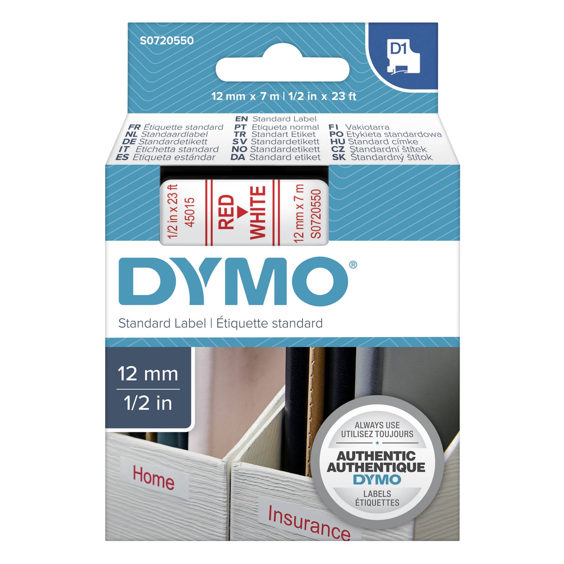 Dymo D1 nastro      12 mm x 7 m roso su  bianco           45