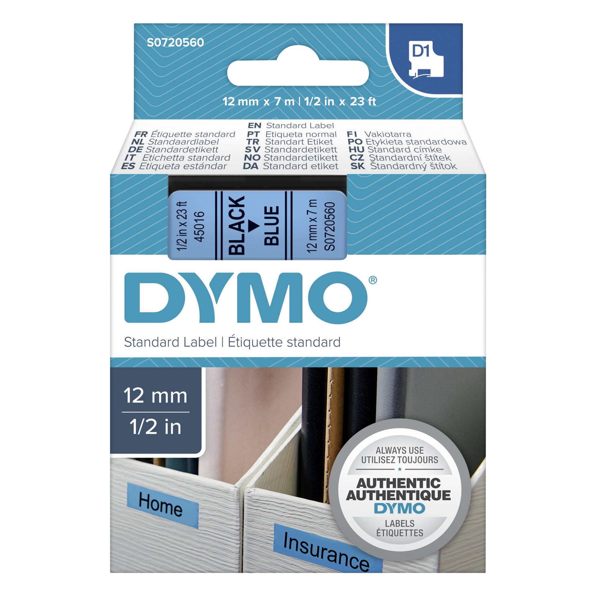 Dymo D1 nastro      12 mm x 7 m nero su azzurro            4