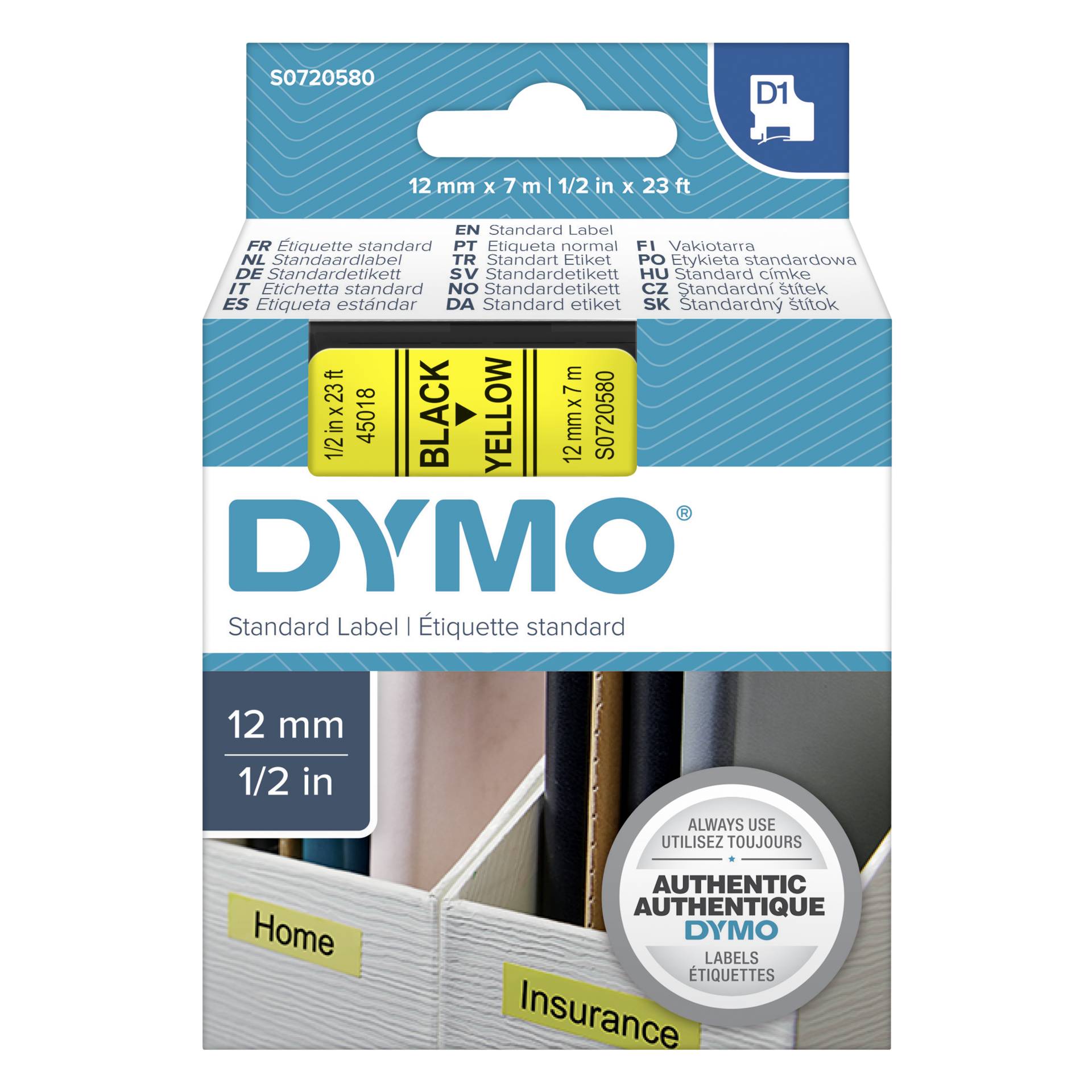 Dymo D1 nastro      12 mm x 7 m nero    su  giallo         4