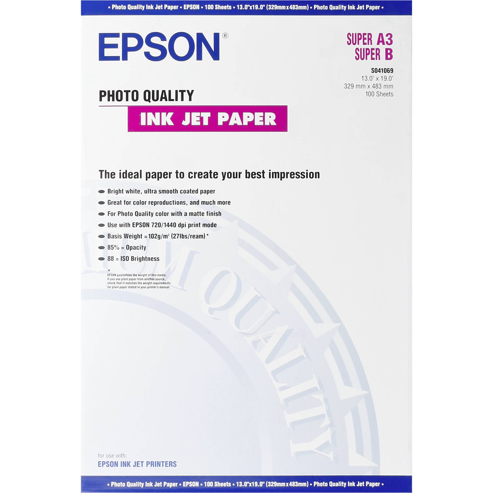 Epson Photo Quality Inkjet Paper A 3+, 100 fogli, 105 g  S 0