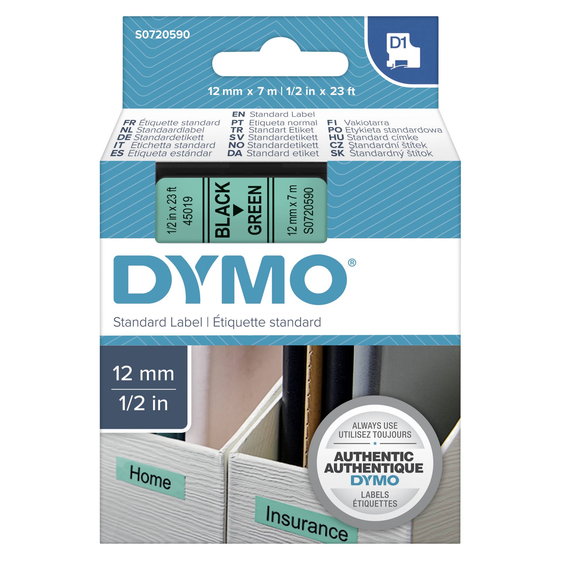 Dymo D1 nastro      12 mm x 7 m nero    su  verde          4