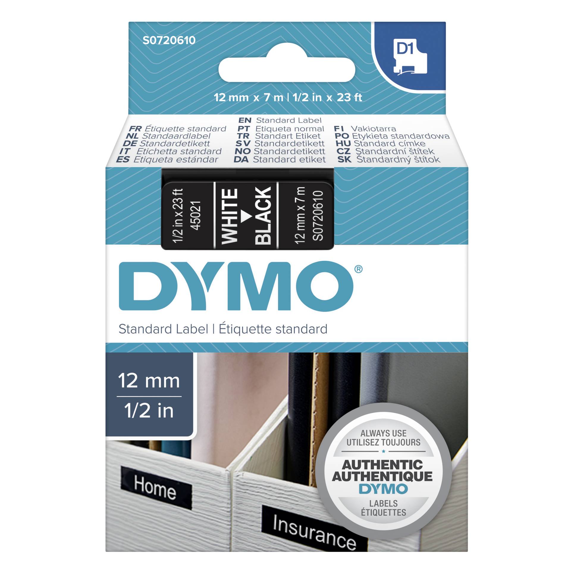 Dymo D1 nastro      12 mm x 7 m bianco su nero          4502