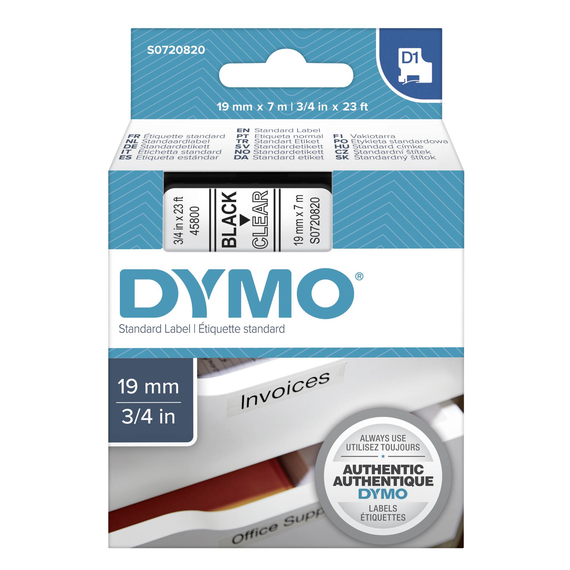 Dymo D1 nastro      19 mm x 7 m nero    su  trasparente    4