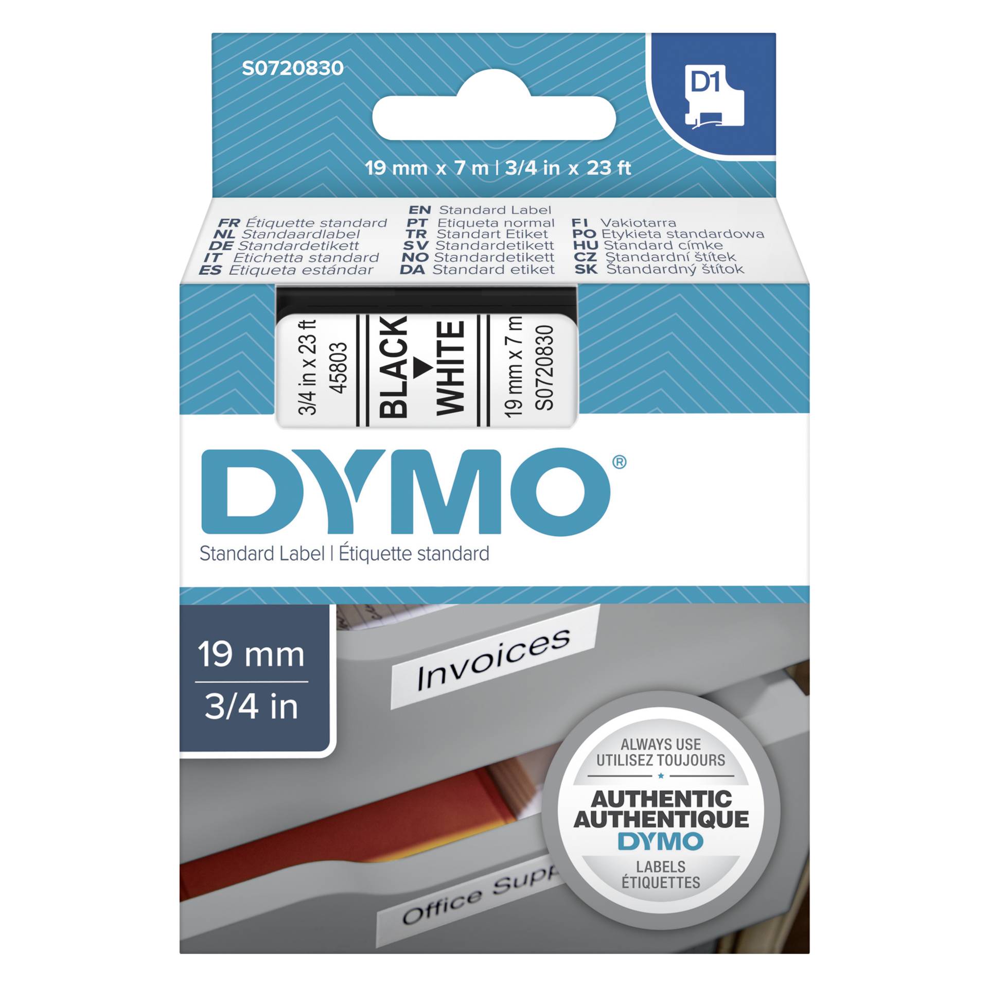 Dymo D1 nastro      19 mm x 7 m nero    su  bianco         4