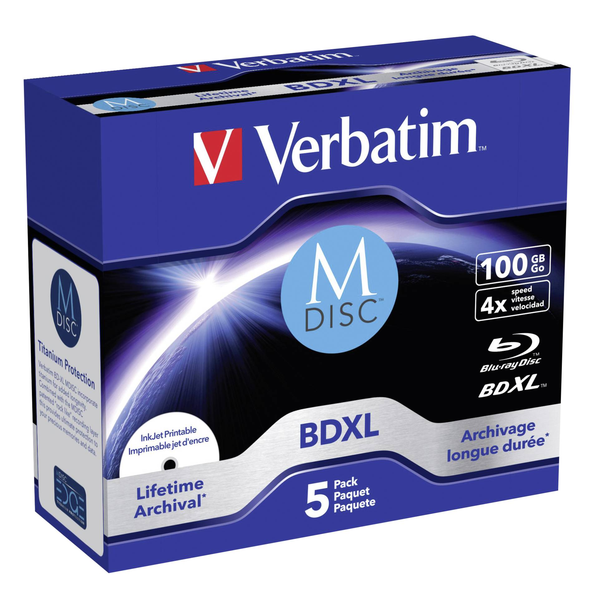 1x5 Verbatim M-Disc BD-R Blu-Ray 100GB 4x Speed inkjet print