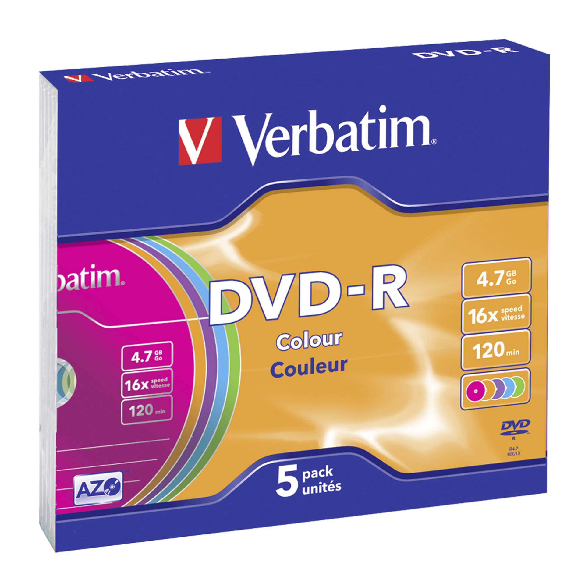 1x5 Verbatim DVD-R 4,7GB Colour 16x Speed, Slim custodia