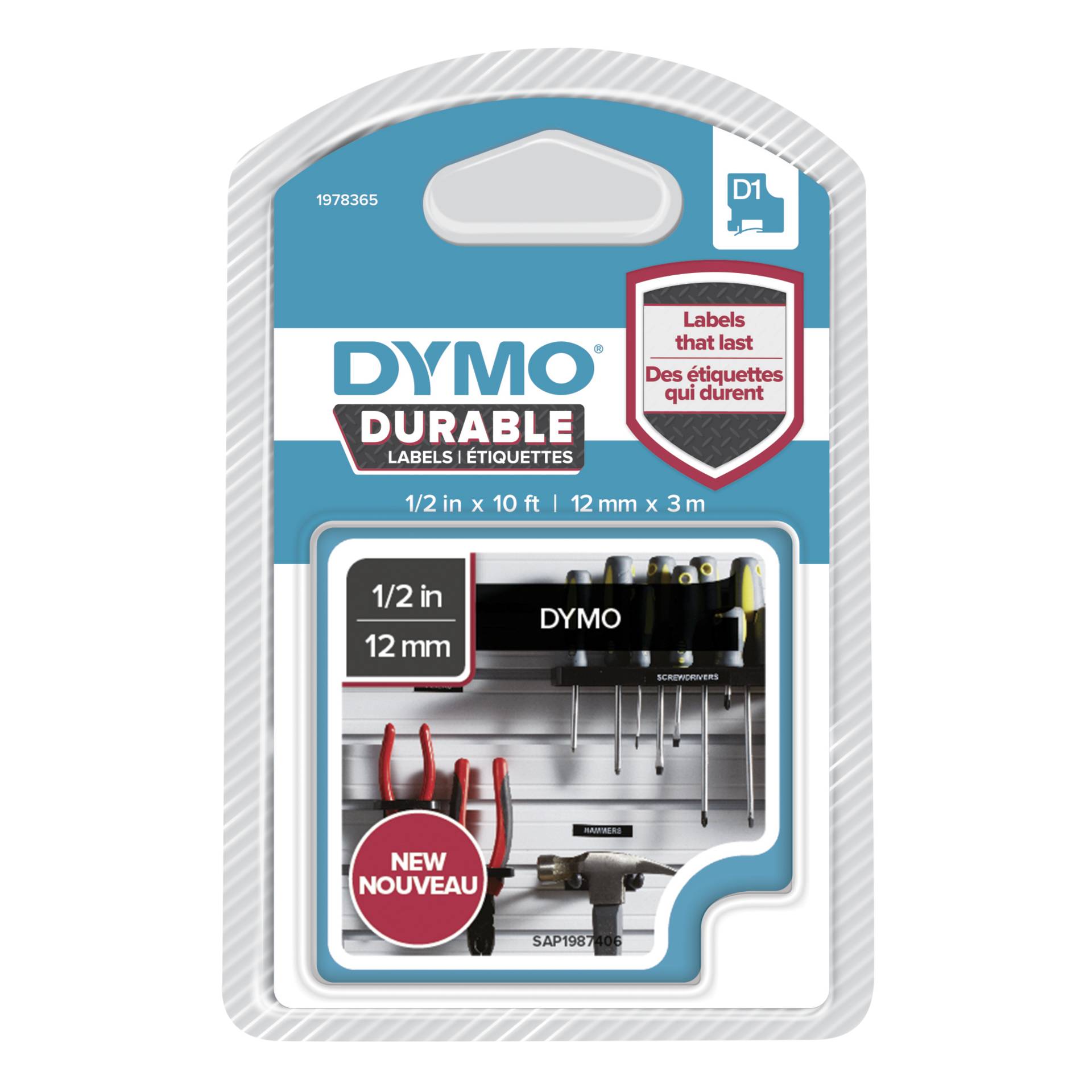 Dymo D1 nastro vinile High Perf. 12 mm x 3 m bianco su nero